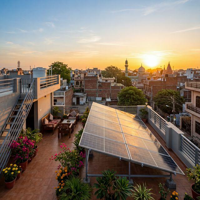 Solar panels on Indian rooftop at sunrise