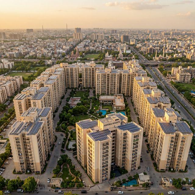 Housing society with solar panels on multiple apartment rooftops