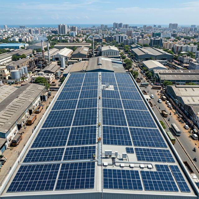 Commercial solar installation on a large building rooftop